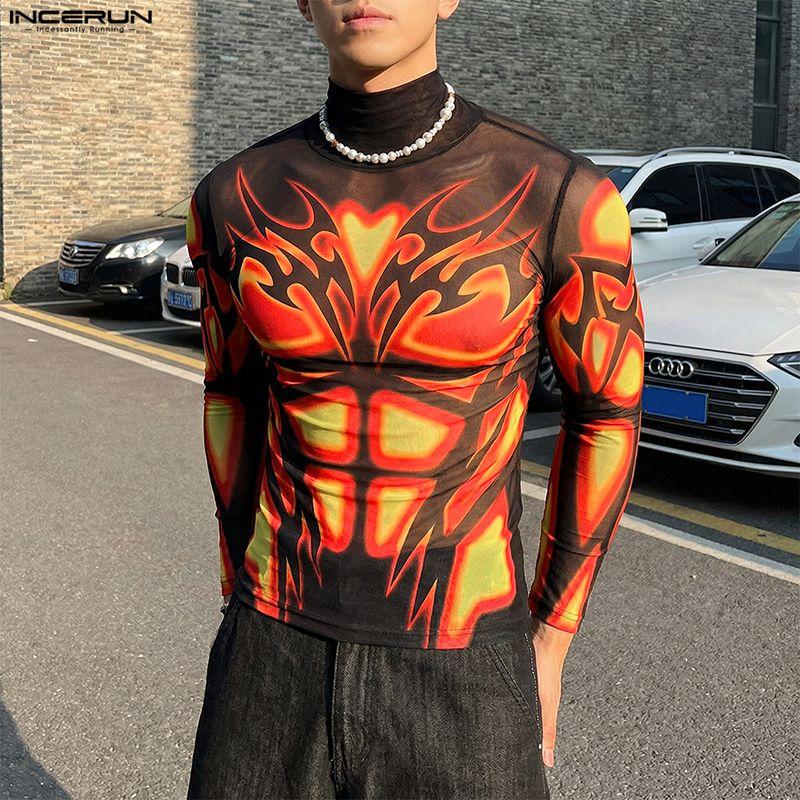 INCERUN Men Long Sleeve Mesh Sheer See Through Print Party Fitted T-shirts Tops