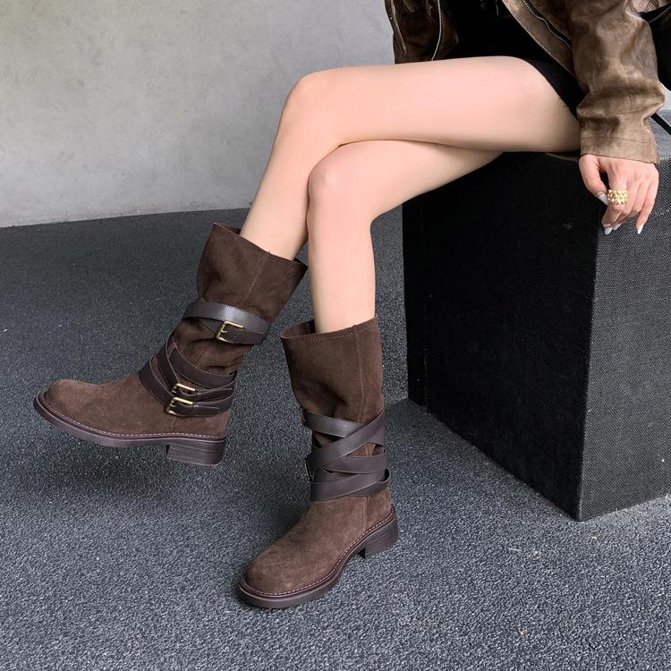 Cowhide Western Cowboy Boots Women's Brown Belt Buckle Pile Boots Medium Knight Boots New Retro Strap Boots Women