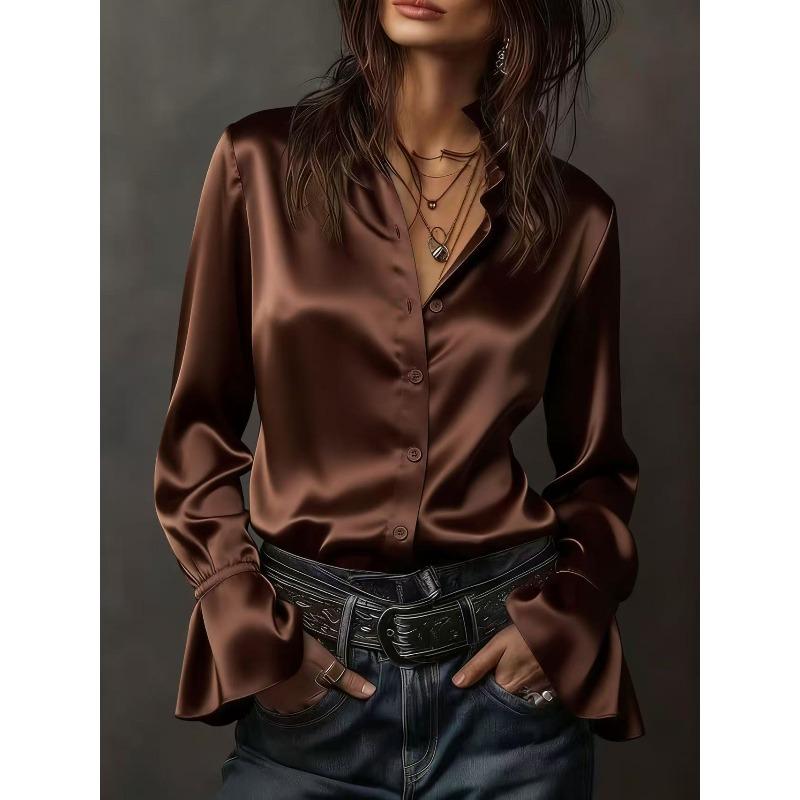 TIFICY Women's Fashion Casual Spring Autumn Solid Color Print Long Sleeve V-Neck Blouses & Shirts