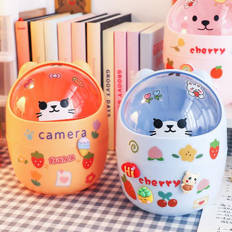 Niedlicher Kreativer Heim-Desktop mit Deckel Mülleimer Klein Mini Kawaii Schlafzimmer Schreibtisch Aufbewahrungsbox Stifthalter Gib einen Aufkleber