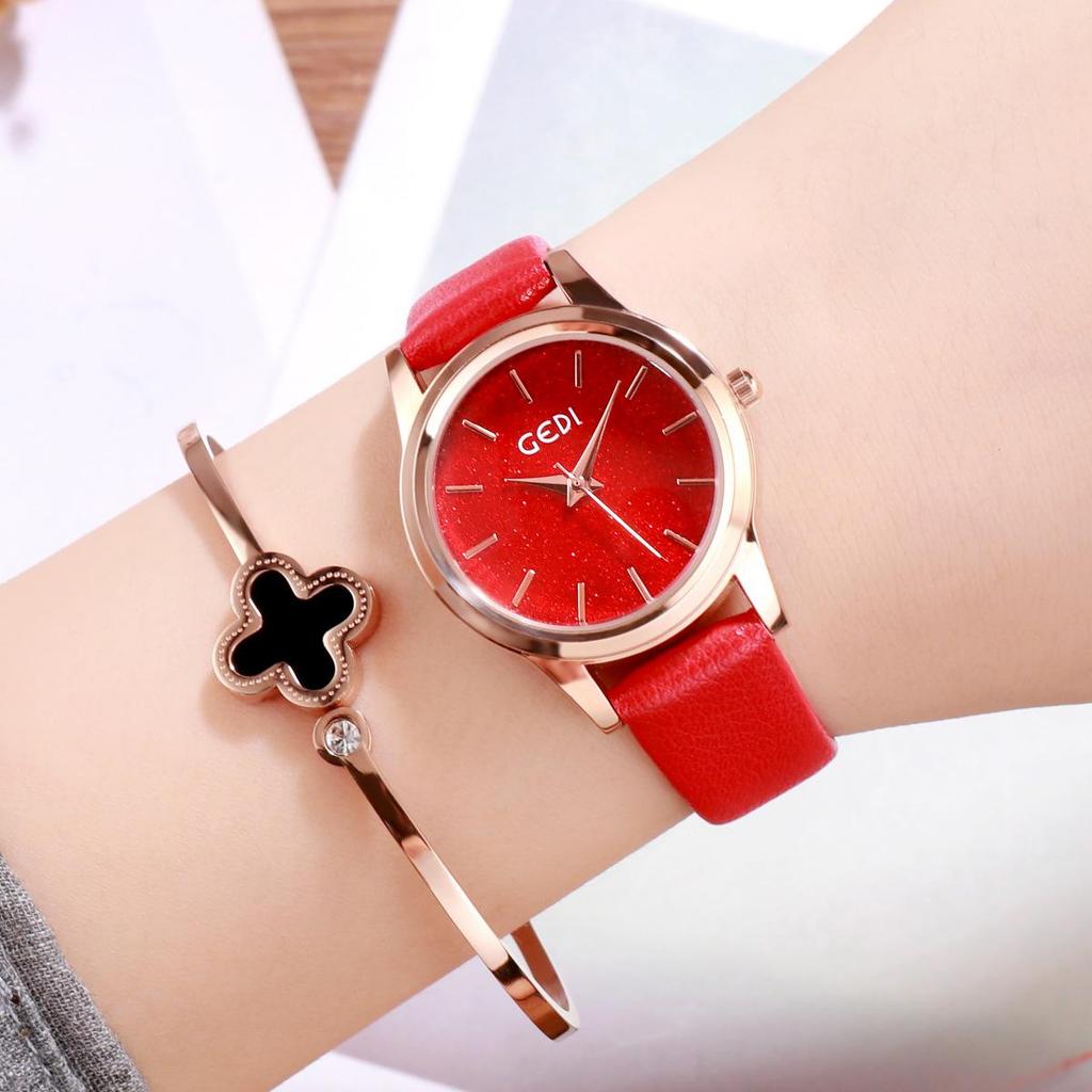 Gedi Fashion Glitter Women's High-End Waterproof Quartz Watch with Leather Strap