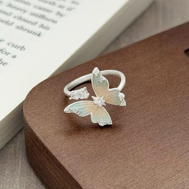 Yunjian Streamer Sweet Wind Niche Design Butterfly Flower Ring Female Enamel Hollow Stacked Ring Tide