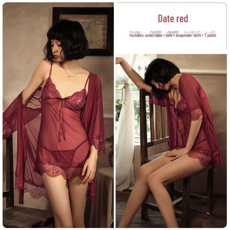 

Летняя женская ночная рубашка: Пижама из ледяного шелка с кружевом Falling Rabbit One Size