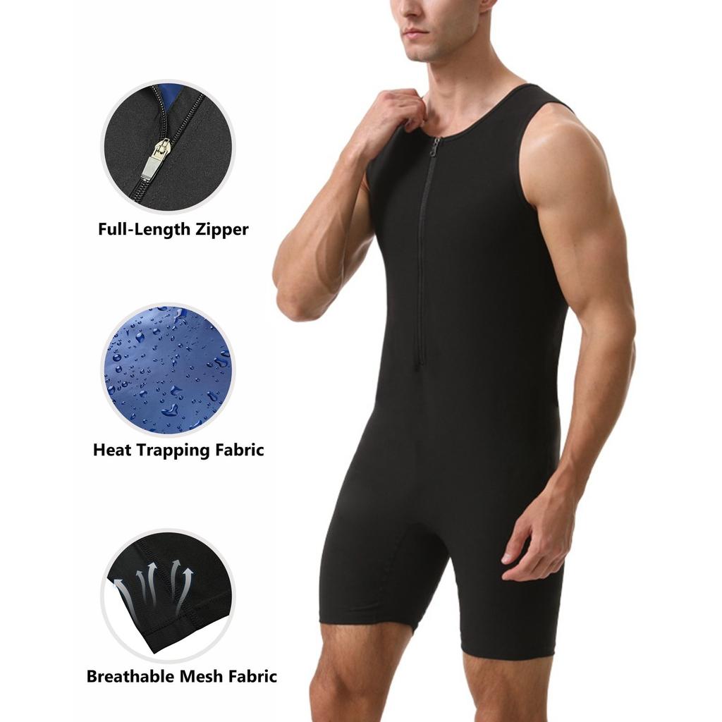 Combinaison Sauna Homme Gainant Body de Course Sweat à Fermeture Éclair Entraînement avec Short Maillot de Corps Fitness Musculation Combinaison d'Exercice Débardeur Combinaison