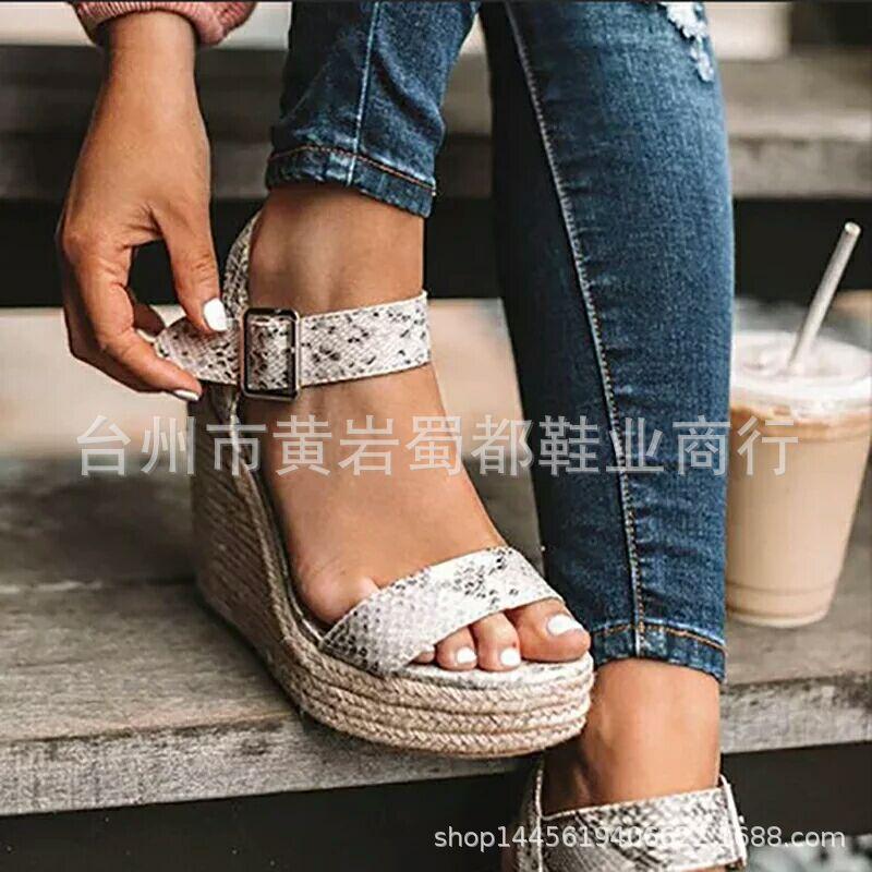 

Источник и Большой размер рыбий рот высокий каблук танкетка ремешок с пряжкой пеньковая веревка женские сандалии 43