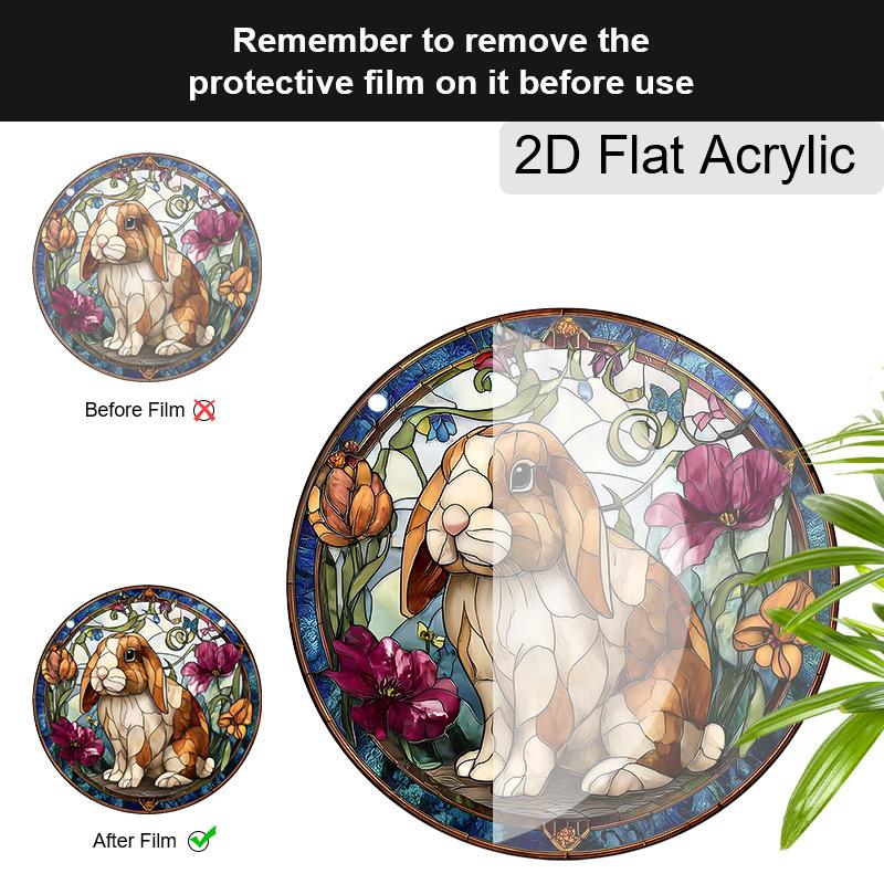 Acrylic Lop-Eared Rabbit with Flowers Suncatcher, Stained Glass Effect Window Hanging Ornament for Animal Lover Gifts