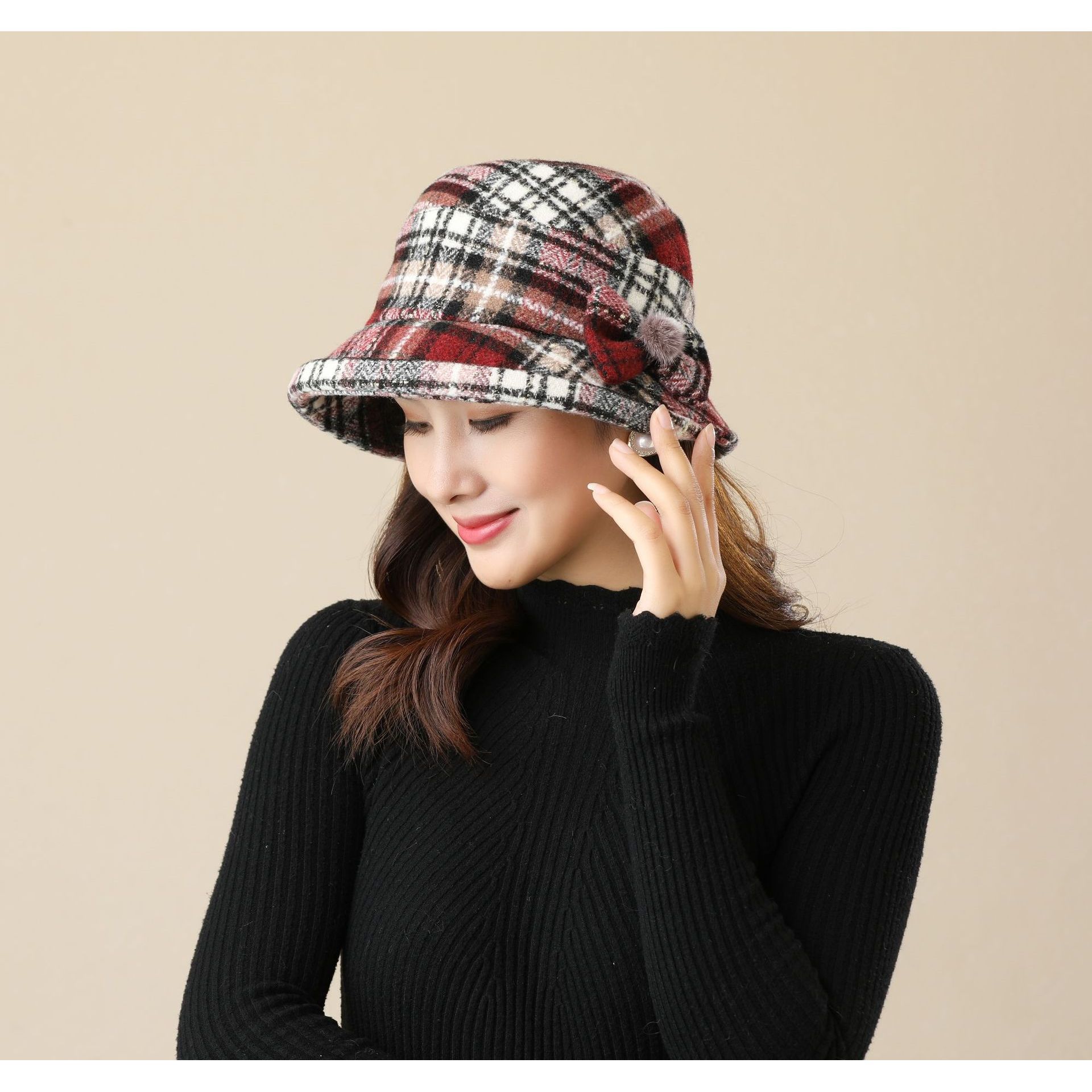 

British plaid crimped bucket hat women s autumn and winter versatile hat women s small edge basin hat