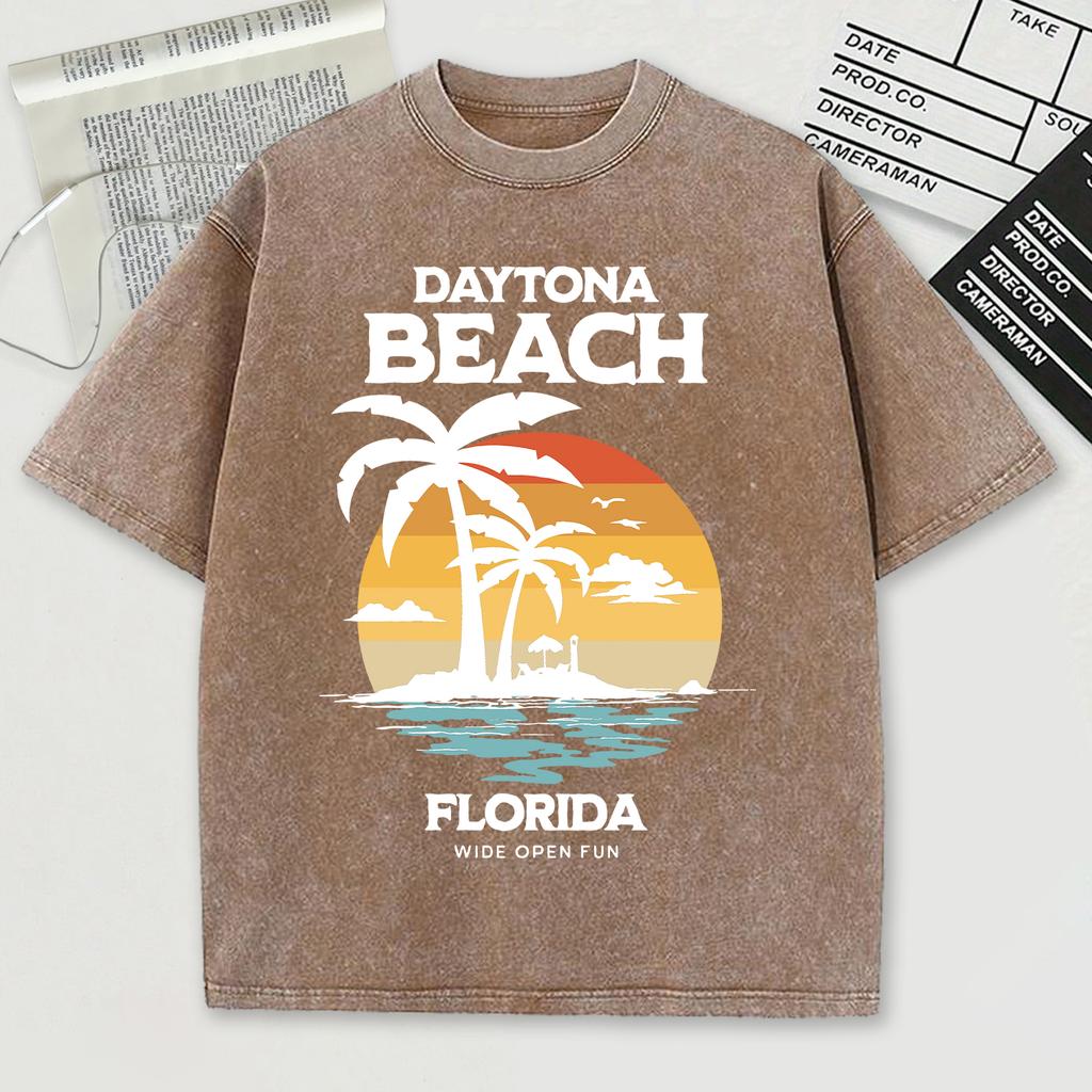 Daytona Beach Florida Wide Open Fun Print Snow Wash Mens T-Shirt O-Neck Tee Soft Cotton Top Trendy Unisex Short Sleeve