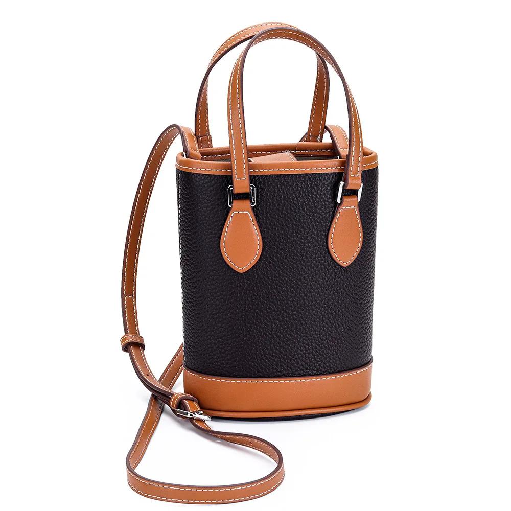 

Luxury Women Cross Body Bags Trendy Genuine Cow Leather Lunch Bag Bucket Bag Food Basket Amazon Picnic Handbag Soft Top-handle коричневий