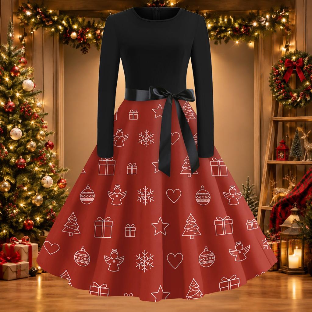 Women's Casual Christmas Print Long Sleeve Round Neck Slim Fit Flared Party Dress