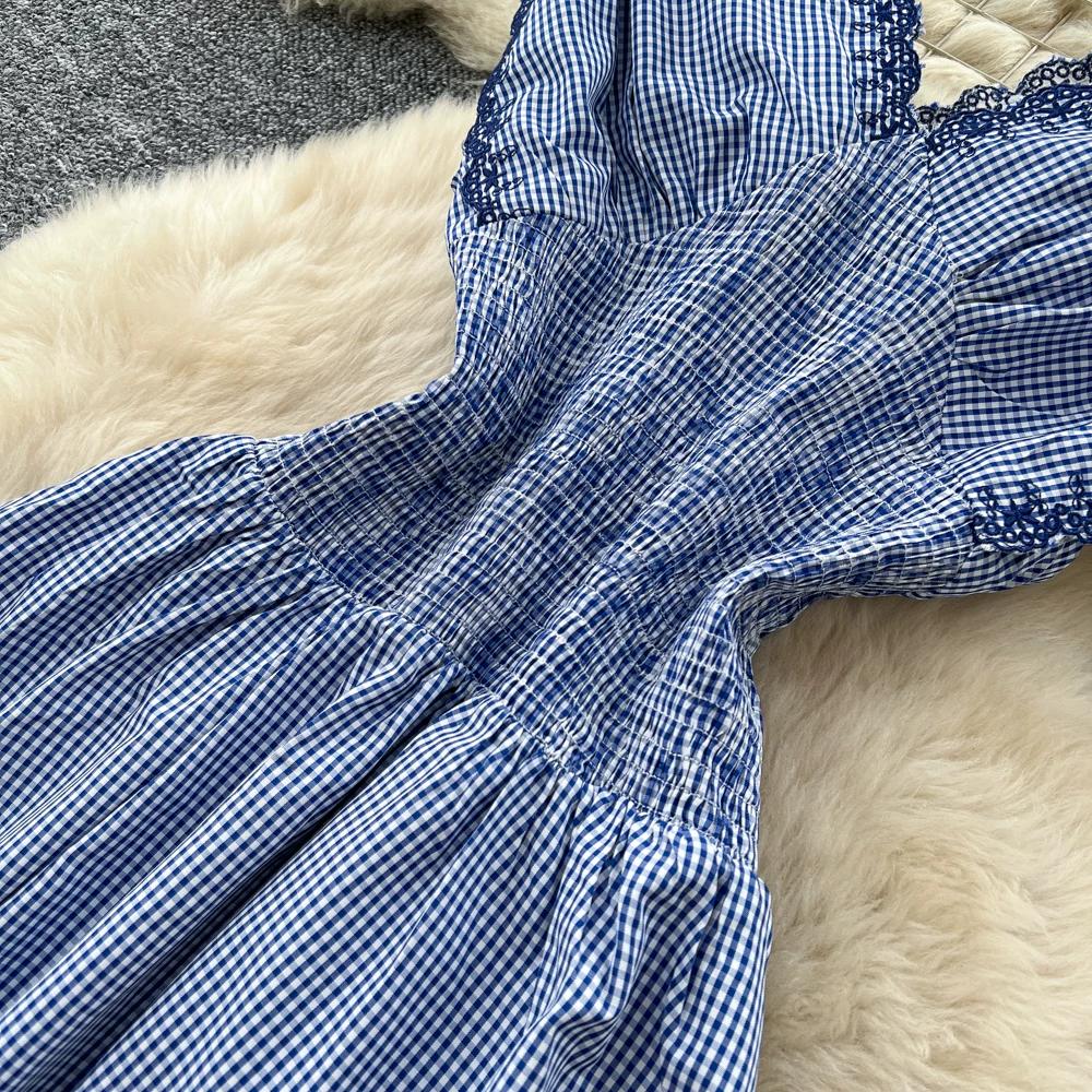 Korean Fashion High-Waisted A-Line Maxi Dress Summer V-Neck Sleeveless Lace-Panel Checkered Elegant Long Dress for Women