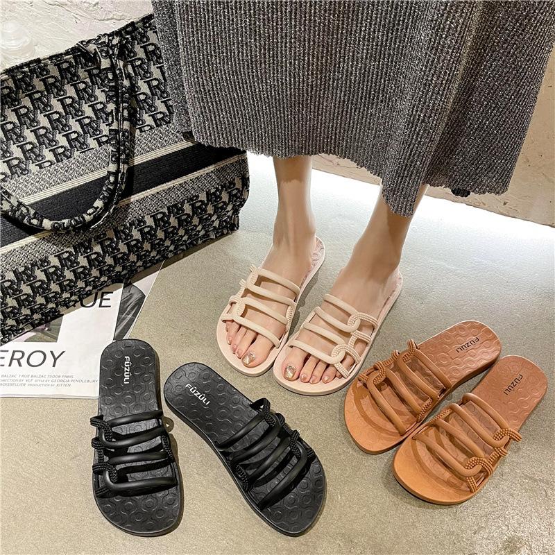 Korean Version of One-character Hollow Slippers Female Outer Wear Fairy Style Home Simple Flat-bottomed Slippers Casual Open-toed Cool Slippers