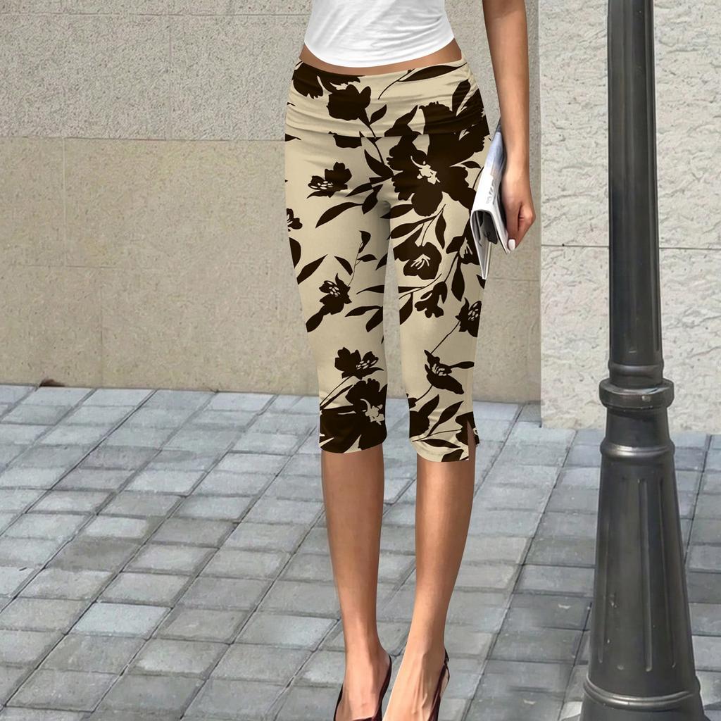 Women's Slim Fit Printed Ruched Capri Pants Elastic Waistband Stretchy Fabric Comfortable Fit Casual Bottoms for Daily Wear