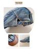 Women's Retro Washed Denim Duckbill Flat Cap with PU, Versatile Face Slimming Design, Spring-Autumn Backwards Beret.