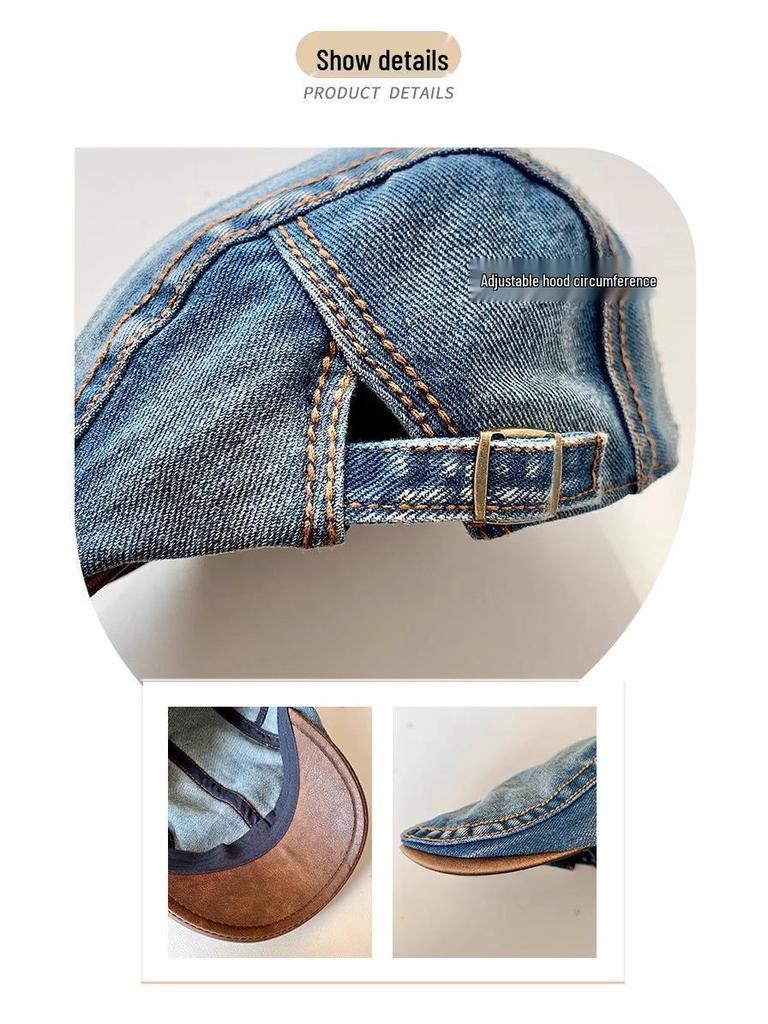 Women's Retro Washed Denim Duckbill Flat Cap with PU, Versatile Face Slimming Design, Spring-Autumn Backwards Beret.