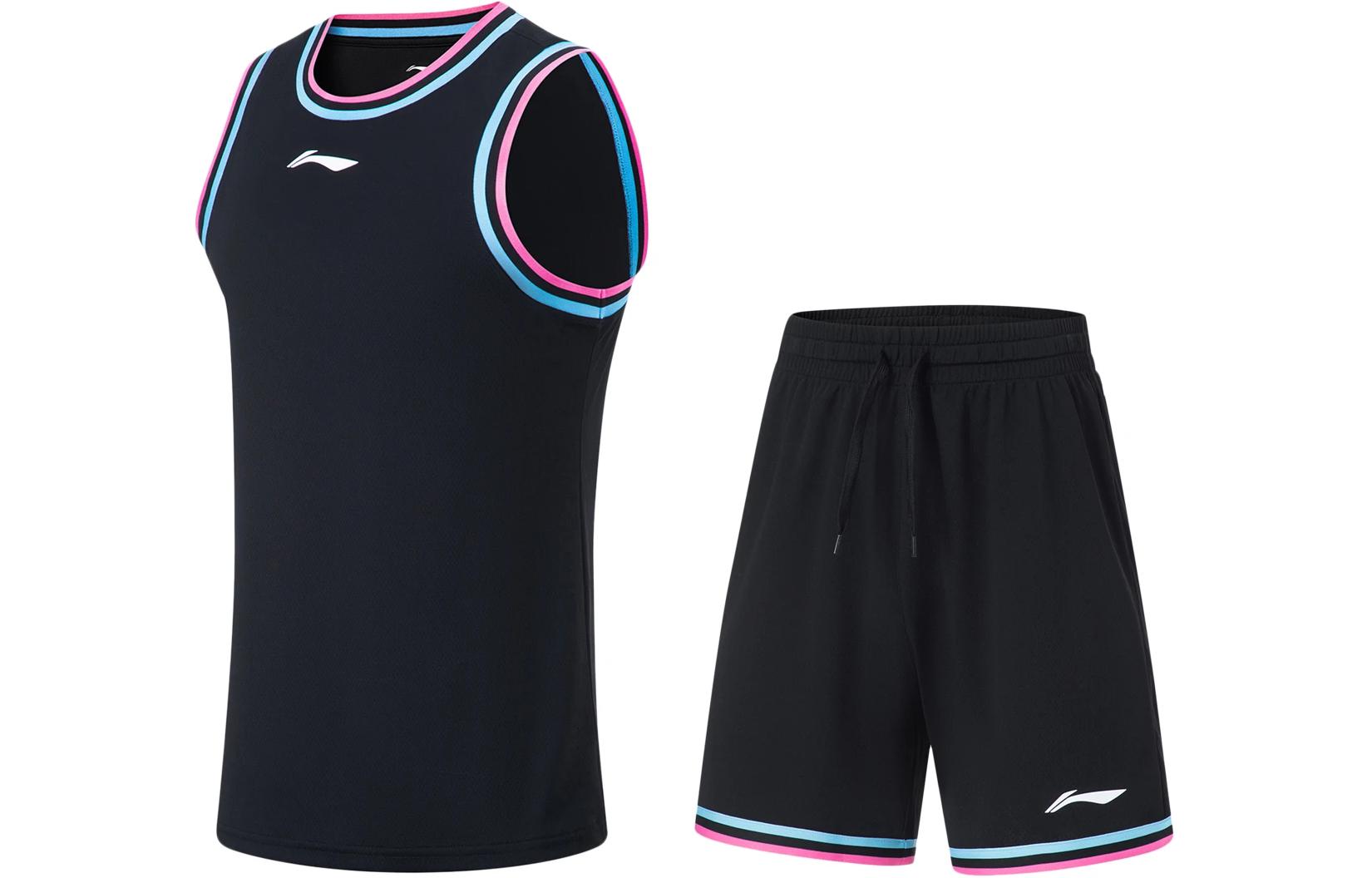Li Ning Professional Basketball Collection Basketball Suit Men s Black Pink Blue Webbing AATT001-15 3XL