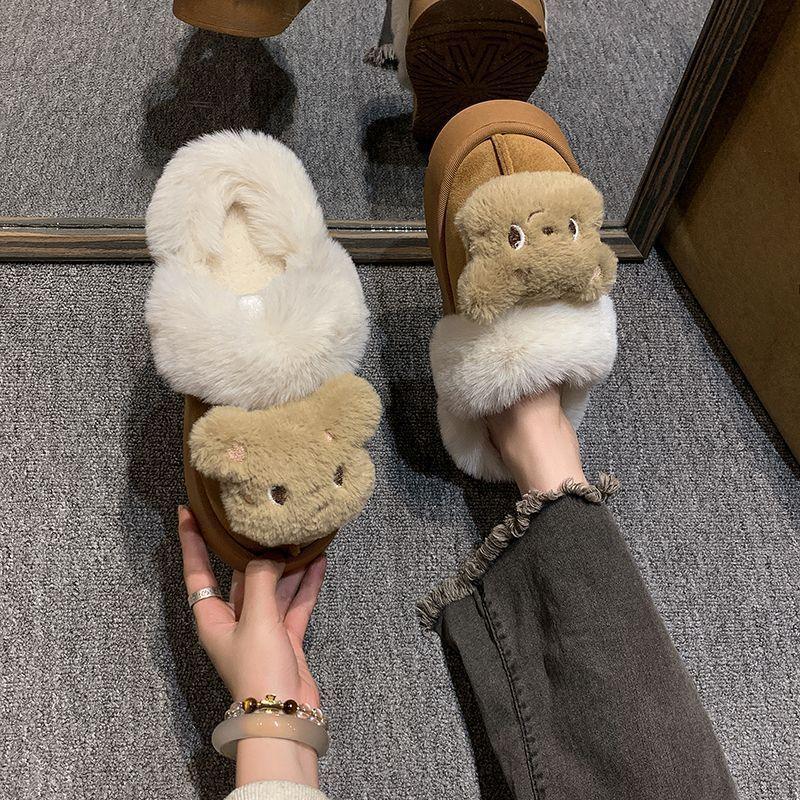 2025 autumn and winter new fashion home fluffy warm cotton slippers high value cute bear fluffy slippers outer wear
