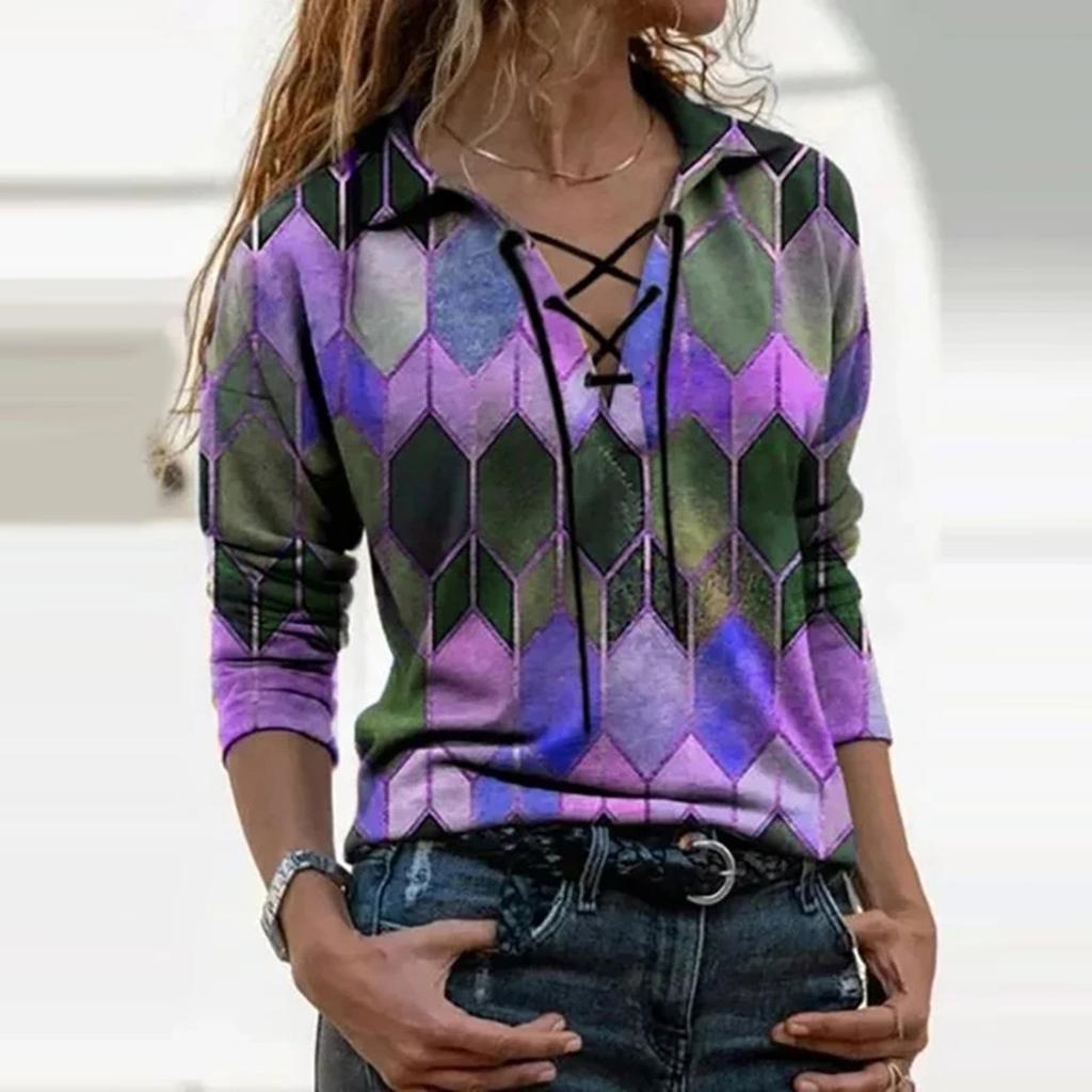 Fashion Women Prints Long Sleeve Color Matching Bandage Tops Blouses