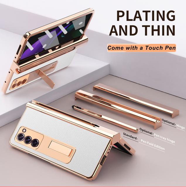 Plating Hinge Protector Case For Samsung Galaxy Z Fold 2 5g Leather Case With Touch Pen Magnetic Holder Front Screen Glass Film