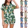 Women's Ice Silk Pajamas Button Homewear Hawaiian Print Short Sleeve Satin Pajama Set
