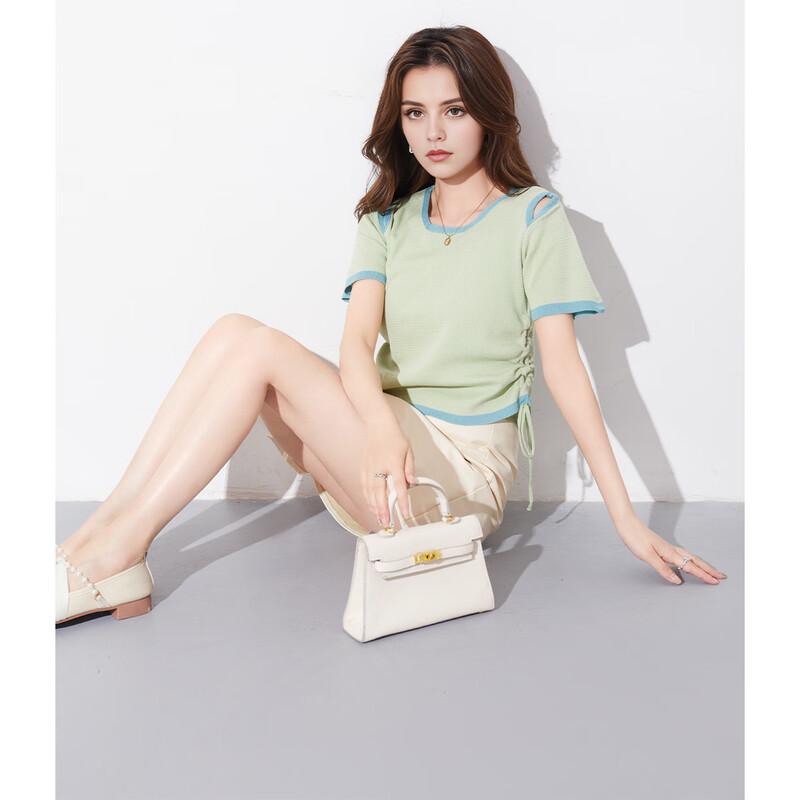 Women's Korean Style Color-block Knitted Off-Shoulder T-Shirt