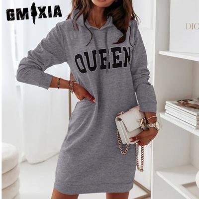 Autumn Winter Long-sleeved Hooded Letter Athleisure Dress Short Skirt for Women