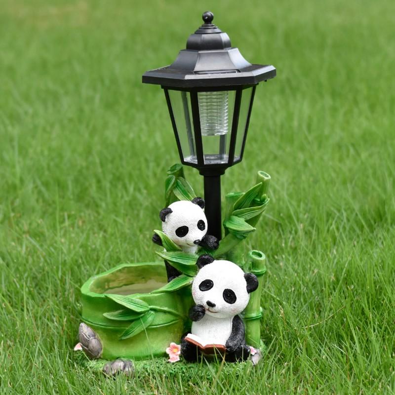 Outdoor Solar Powered Panda Family Statue Resin Garden Decor Yard Patio Lawn Ornament