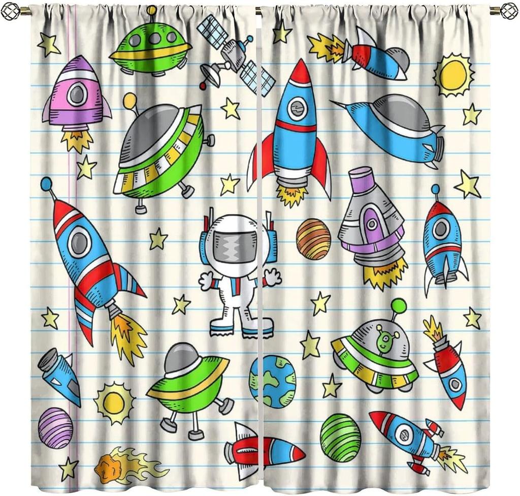 Kids Outer Space Curta, Universe Themed Earth Moon Rockets Stars Window Drapes, For Boys Girls Room Bedroom Living Room