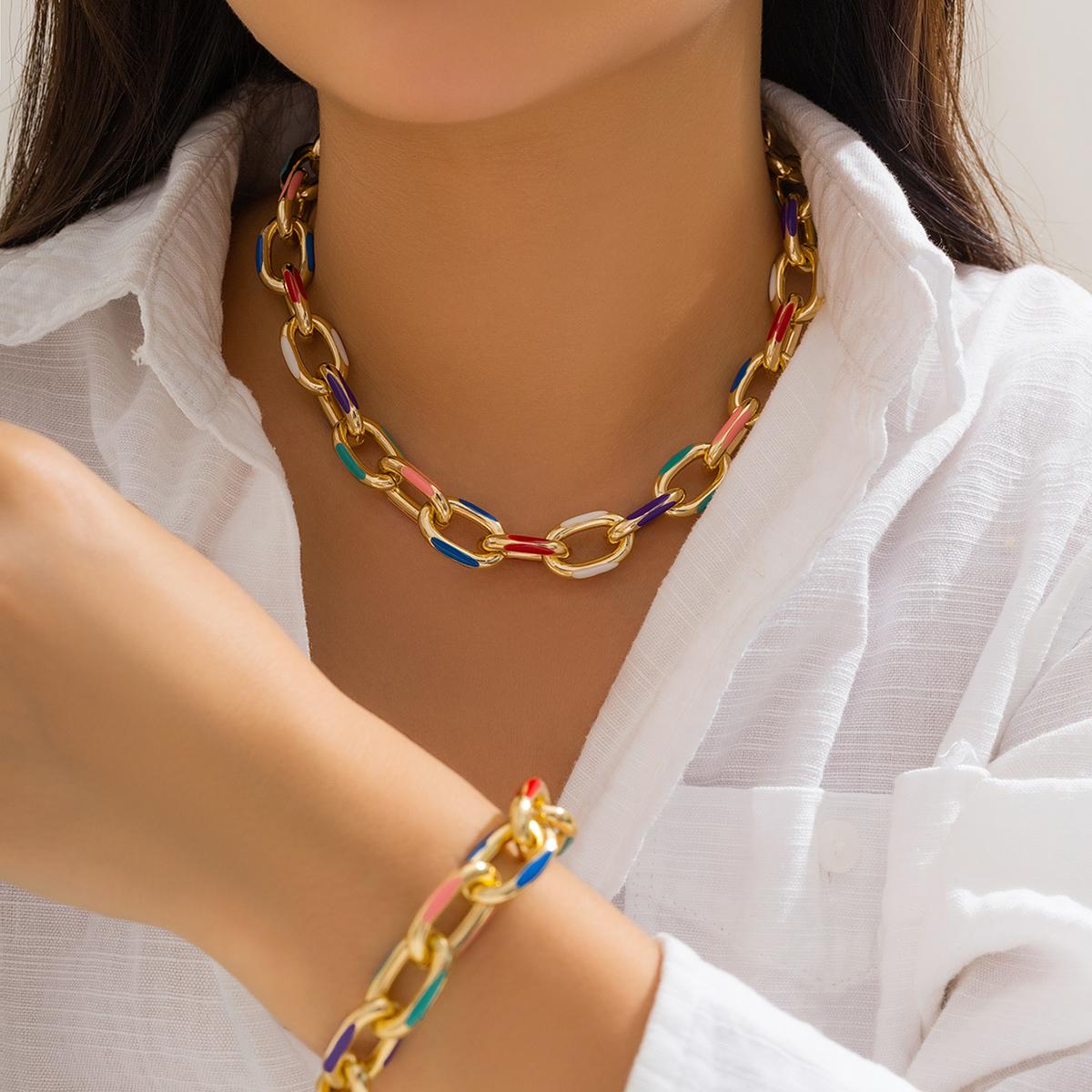 

2Pcs/Set Colorful Bohemian Fashion Choker Necklace Bracelet Jewelry Set Classic Cross Chain Accessories for Women Gift Party