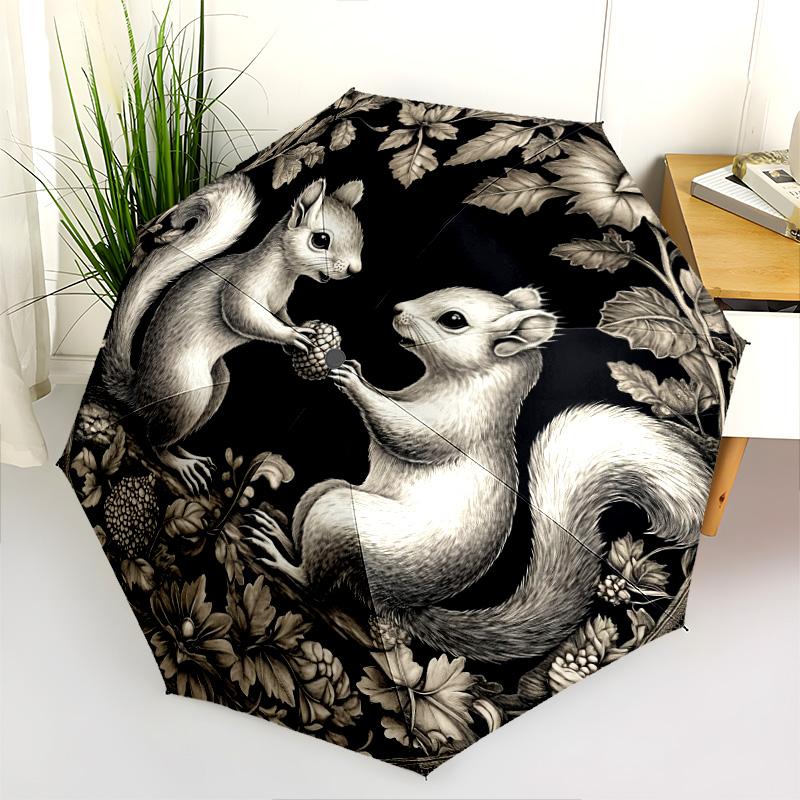 Squirrel pattern, automatic folding umbrella, portable and foldable design, 8 ribs, a Christmas or birthday gift.