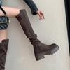 Platform Knee High Boots for Women Autumn Winter Slip On Leather Boots Woman Elastic Thick Soled Over Knee Botas