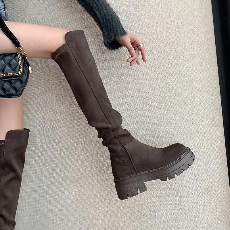 Platform Knee High Boots for Women Autumn Winter Slip On Leather Boots Woman Elastic Thick Soled Over Knee Botas