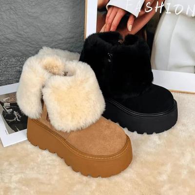 Knöchelplateau Schneestiefel Damen High Heels Plüsch Warm Wildleder Fell Baumwollschuhe Winter 2025 Trend Lässig Motorrad Botas Mujer