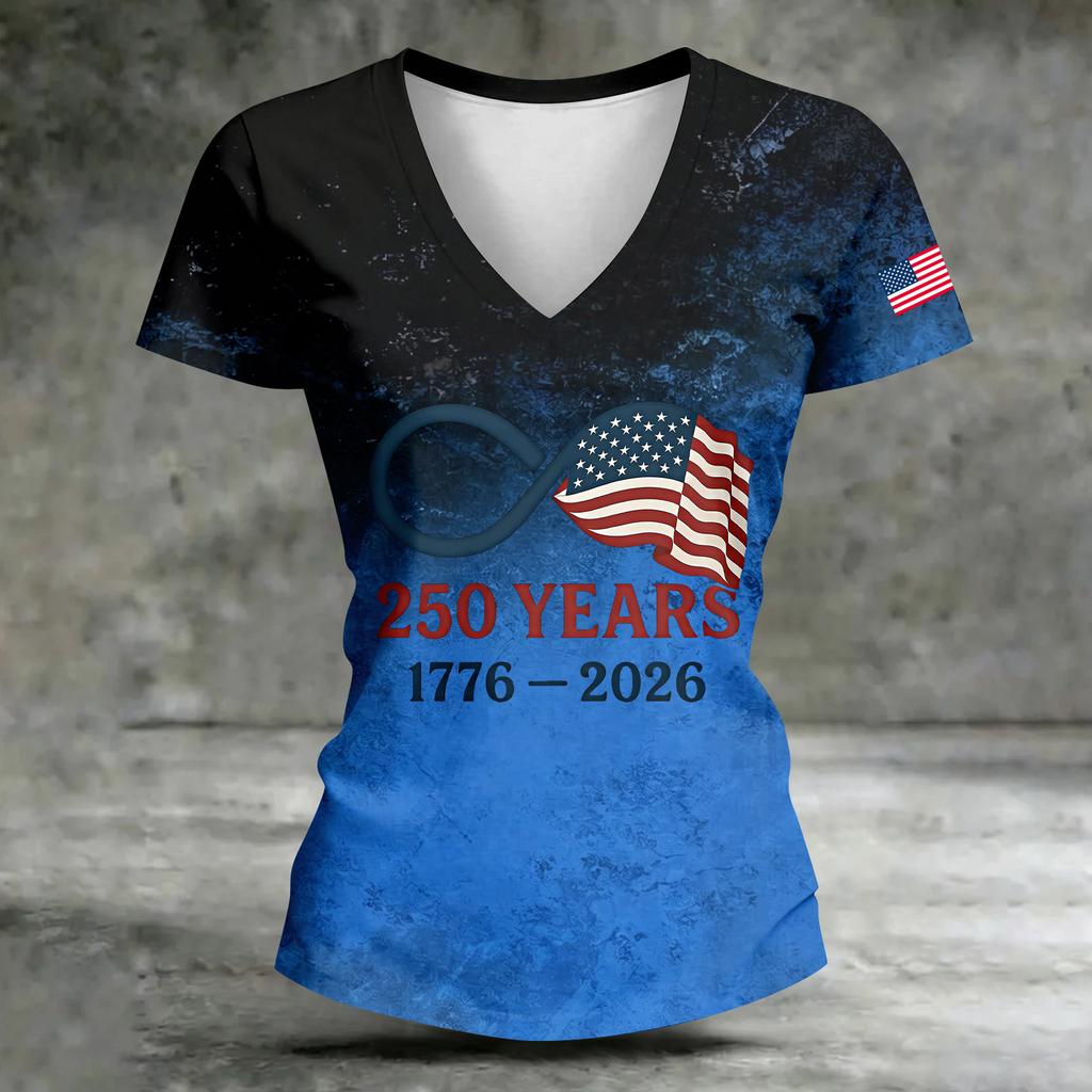 Women's Casual V Neck Short Sleeve T Shirt with Letter Print 250 Years 1776-2026 American Flag Graphic Top Summer Tee