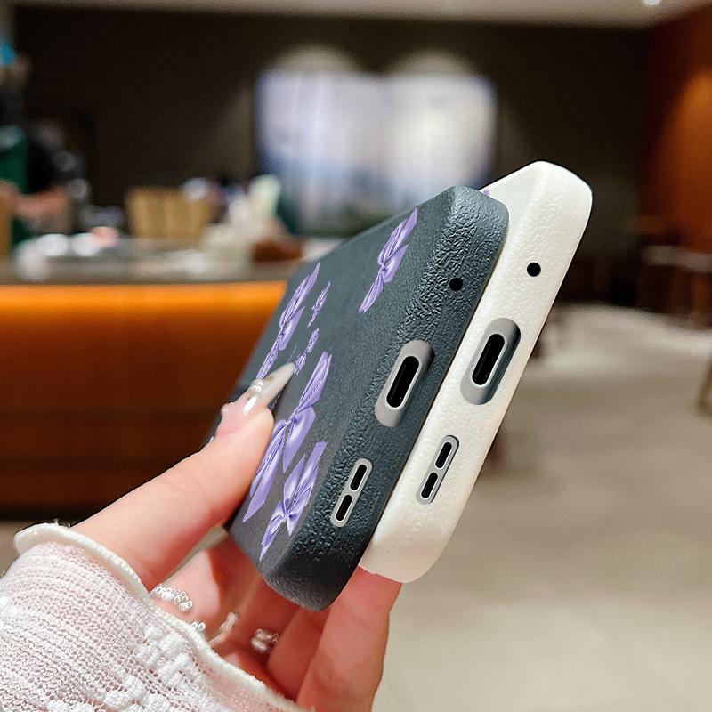 Purple Bowknot Print Leather Texture TPU Matte Case For Xiaomi 13T Poco X6 M6 Redmi Note 14 Pro 13 12 11 Lens Protection Soft Shockproof Phone Cover