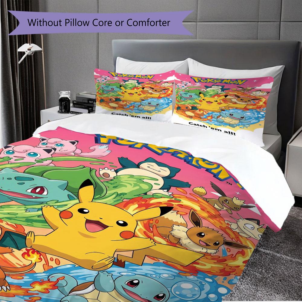 Set di biancheria da letto con stampa Pokémon da 3 pezzi include una copripiumino e una coppia di federe (riempimento non incluso), perfetto per l'uso in camera da letto.
