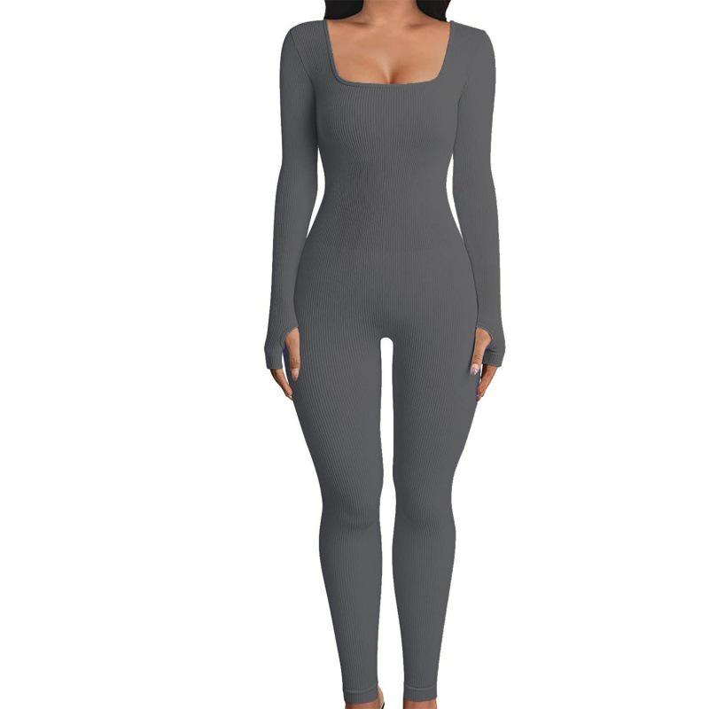 European and American Women’s Ribbed Square Neck Slimming Jumpsuit – New Autumn/Winter Collection