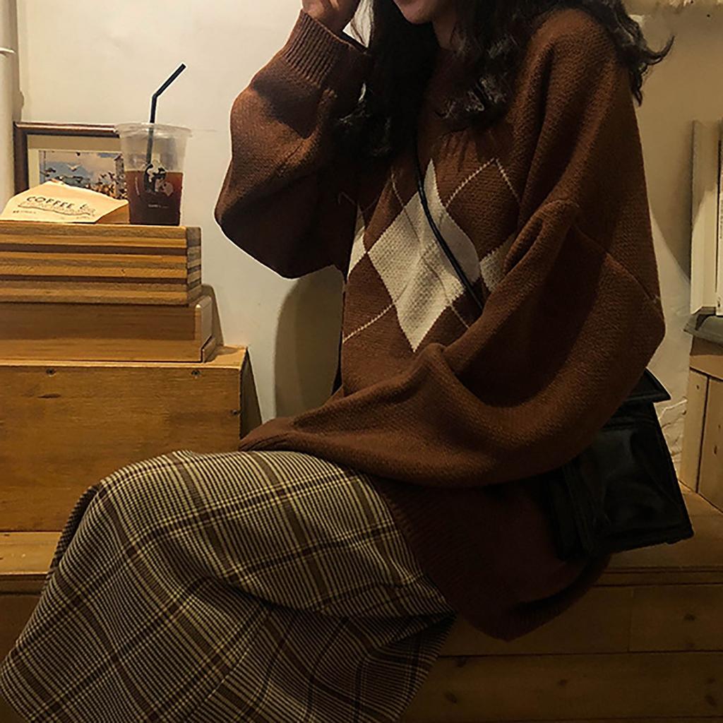 Herbst Winter Innenhof Stil Geometrisches Muster Lose Rundhals Strick Pullover