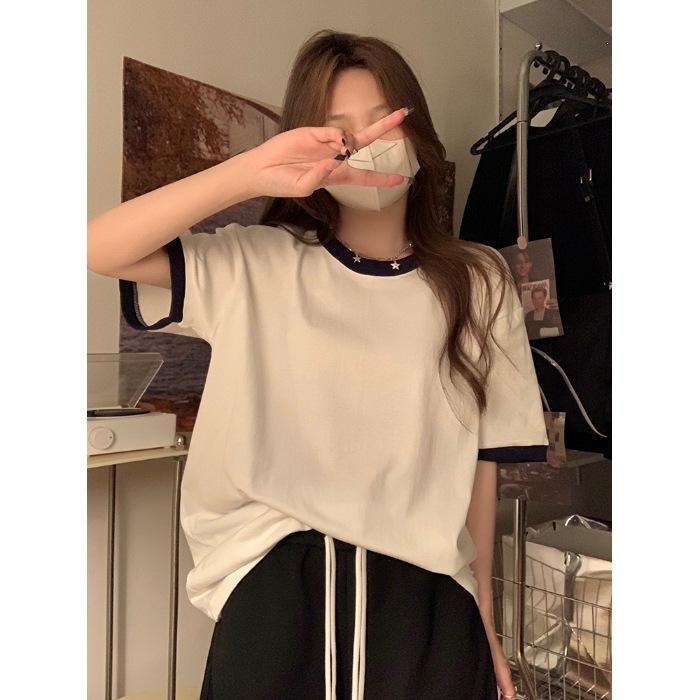 

Special pure cotton, contrasting color design, niche short-sleeved summer new loose and thin pure cotton top S тёмно-синий