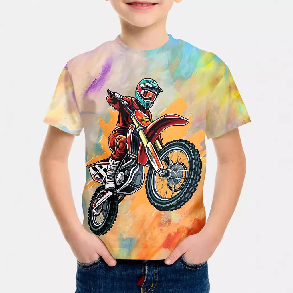 Summer Round Neck 3D Cool Motorcycle Printed Top Fashionable Casual Short Sleeved Children's Boy T-shirts