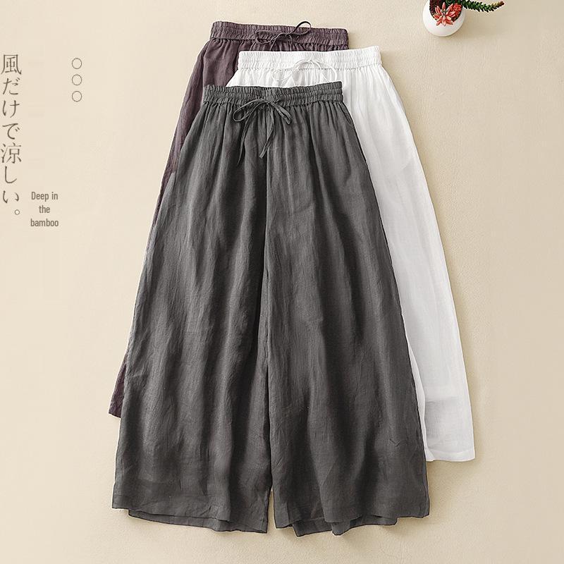 Women's Casual Wide-Leg Elastic Waist Pants - Cotton Linen Double Layer 