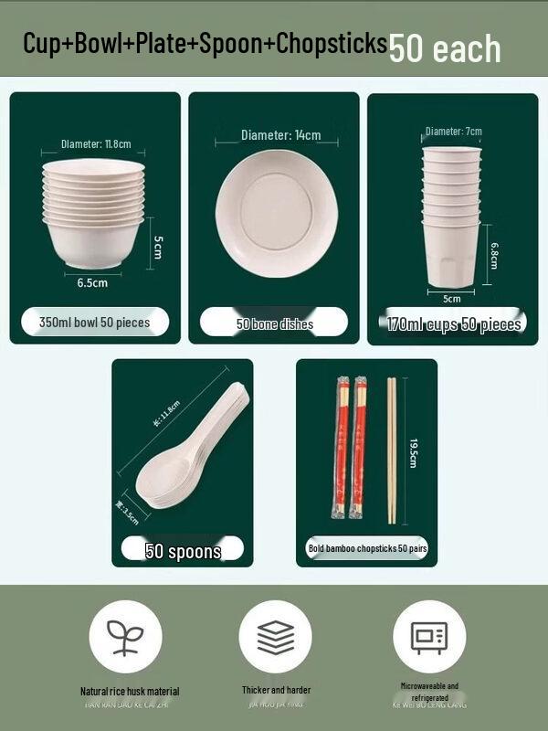 ZISIZ Rice Husk Disposable Tableware Set