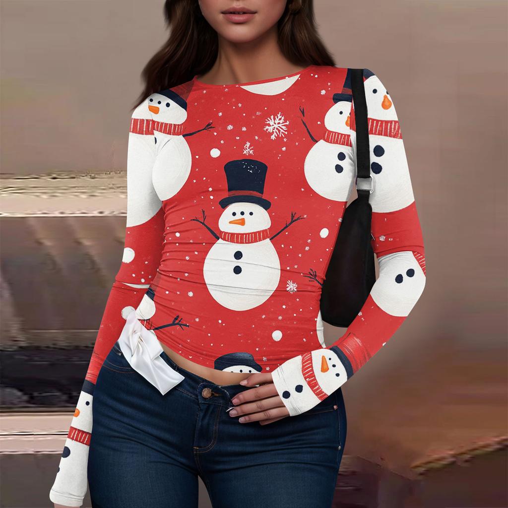 Women's Fashion Casual Round Neck Christmas Printed Long Sleeve T-Shirt Top