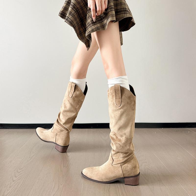 Cowhide version inner height-increasing boots retro thick heel mouth stack boots pointed western cowboy knight boots