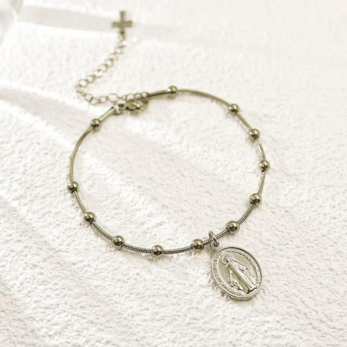 

Virgin Mary Cross Charm Bracelet Stainless Steel Gold Color Beaded Chain Bracelets Religious Amulet Blessed Zircon Gift 17-22 cm