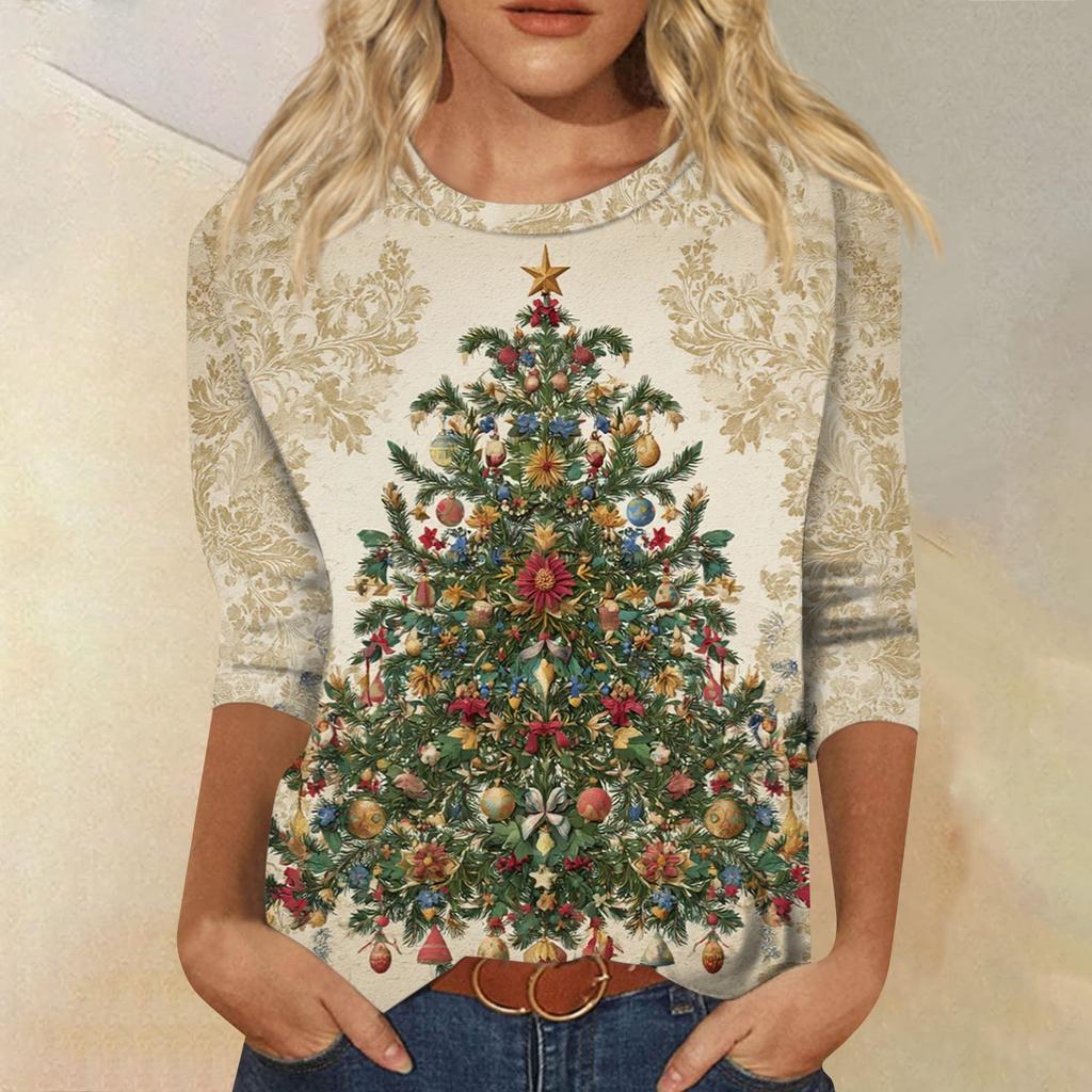 Mote Casual Rund Hals 3/4 Erme Løs Trykket T-skjorte Dame Topp