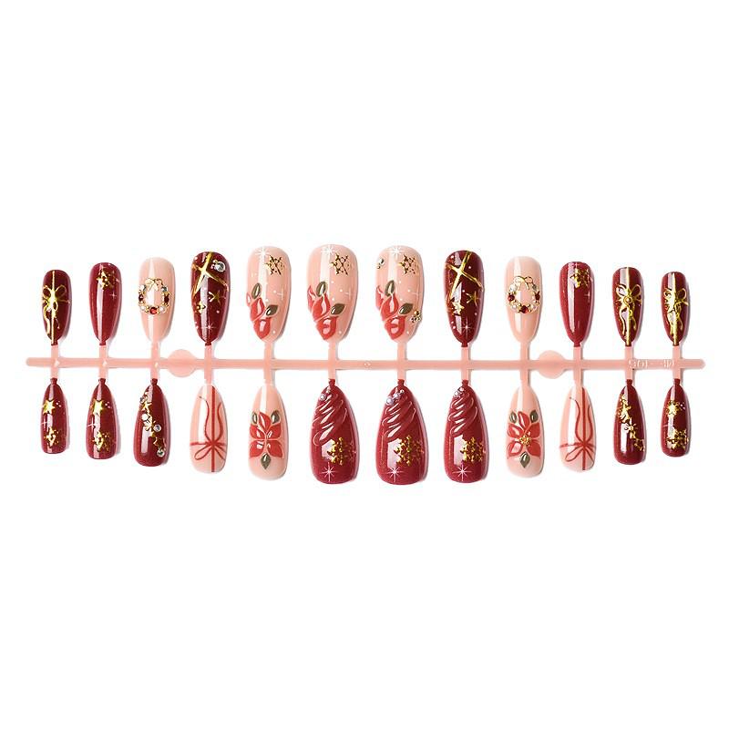 Handmade Christmas Rhinestone Nails with 3D Flowers, Gold Snowflakes & Bowknot Decor - Almond Shape False Nail Art