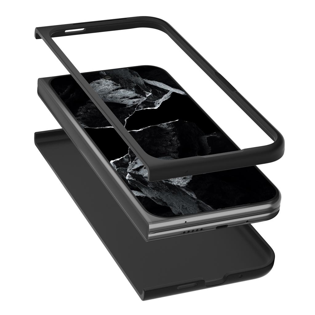 ABEEL For Google Pixel Fold 2 Case Genuine Cow Leather PC Phone Cover Black Edge