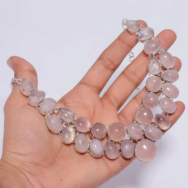 Amazing Top Grade Qualite 100% Natural Rose Quartz Ethnic Style Handmade Jewelry 925 Steling Silver Plated Necklace 17" WSJ-4780