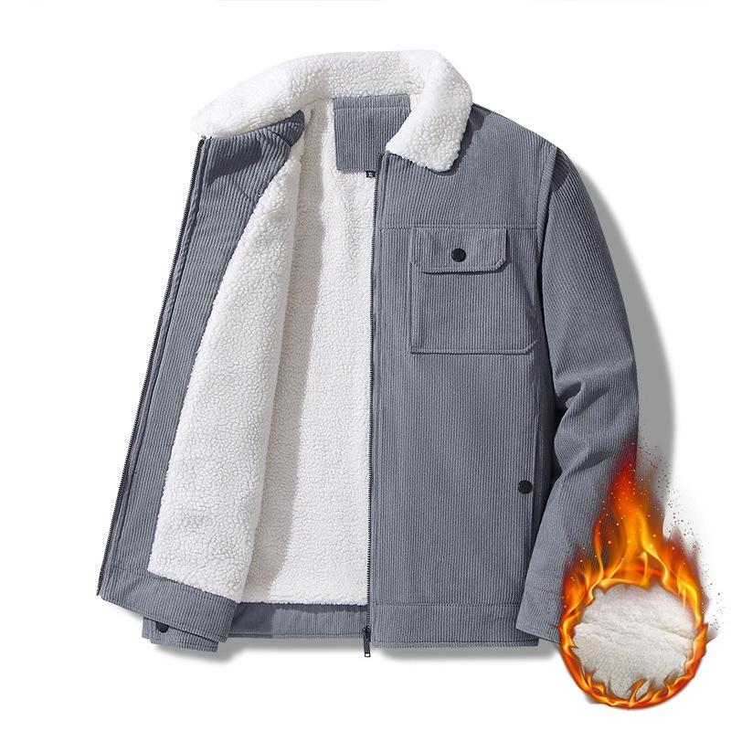 Corduroy Lapel Work Jacket for Winter Men's Plush Thickened Lamb Velvet Jacket for Middle-aged and Elderly Cotton Clothing